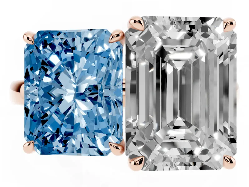 Fancy Blue Radiant Cut and Emerald Cut Toi Moi Ring Set in Rose gold with Prong Setting