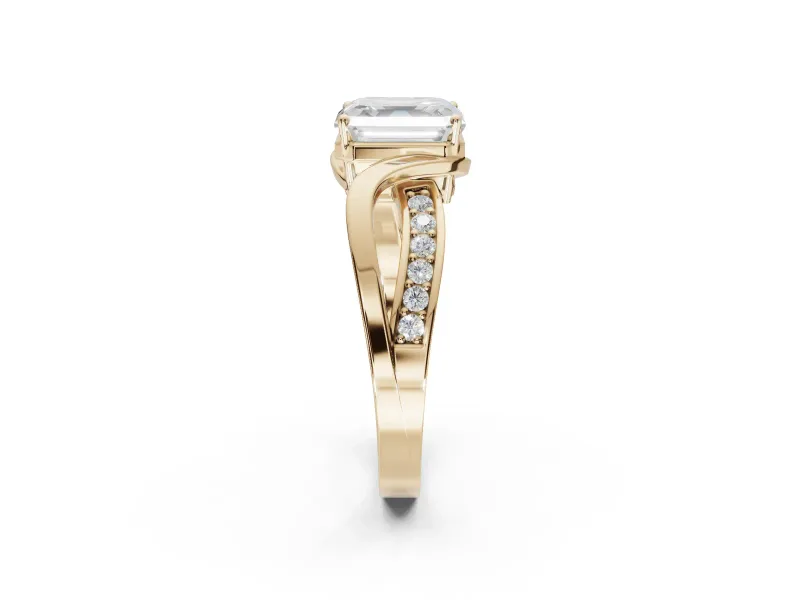 Asscher Cut Bypass Solitaire Engagement Ring Setting | Pavé and Plain Strands | Yellow Gold