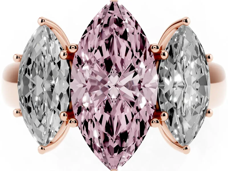 Fancy Pink Three-Stone Marquise Cut Diamond Ring Set in Rose gold with Matching Prong Settings and Plain Band