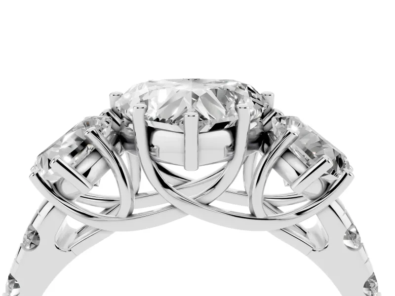 Heart Cut Diamond Three-Stone Ring Set in White gold with Pavé Band