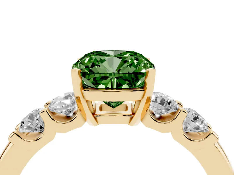 Fancy Green Cushion Cut Diamond Five-Stone Prong Set Engagement Ring Set in Yellow gold with Channel Band