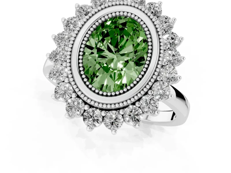 Fancy Green Oval Cut Diamond Halo Ring Set in Silver with Milgrain Edge and Round Prong Setting