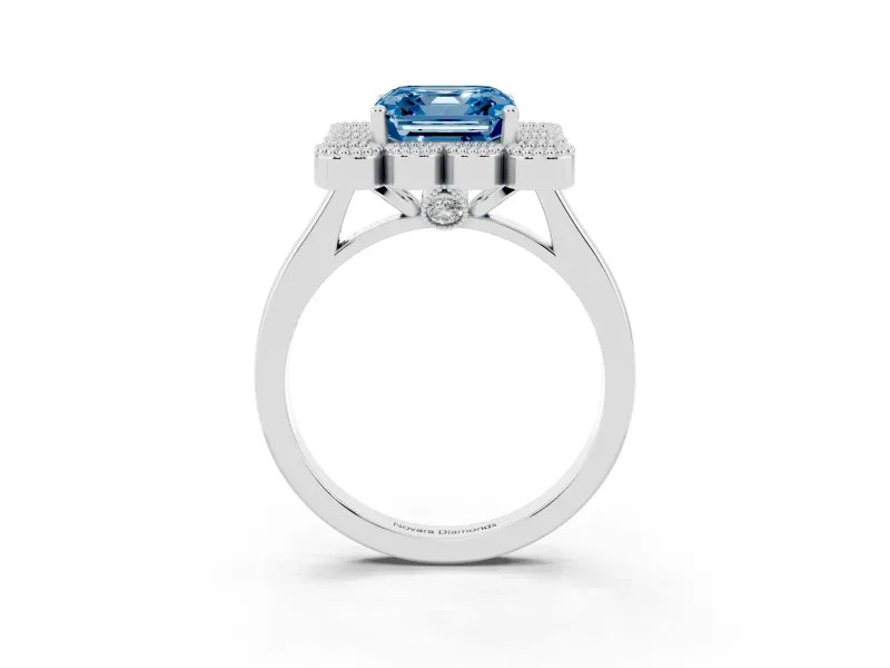 Asscher Cut Milgrain Cluster Halo Engagement Ring Setting for a Fancy Blue Lab-Grown Diamond | Plain Band | Platinum