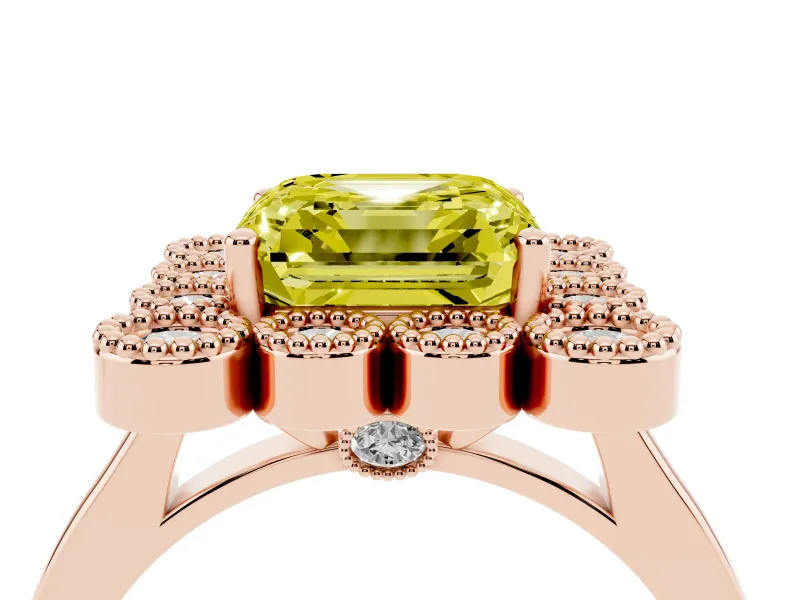 Asscher Cut Milgrain Cluster Halo Engagement Ring Setting for a Fancy Yellow Lab-Grown Diamond | Plain Band | Rose Gold
