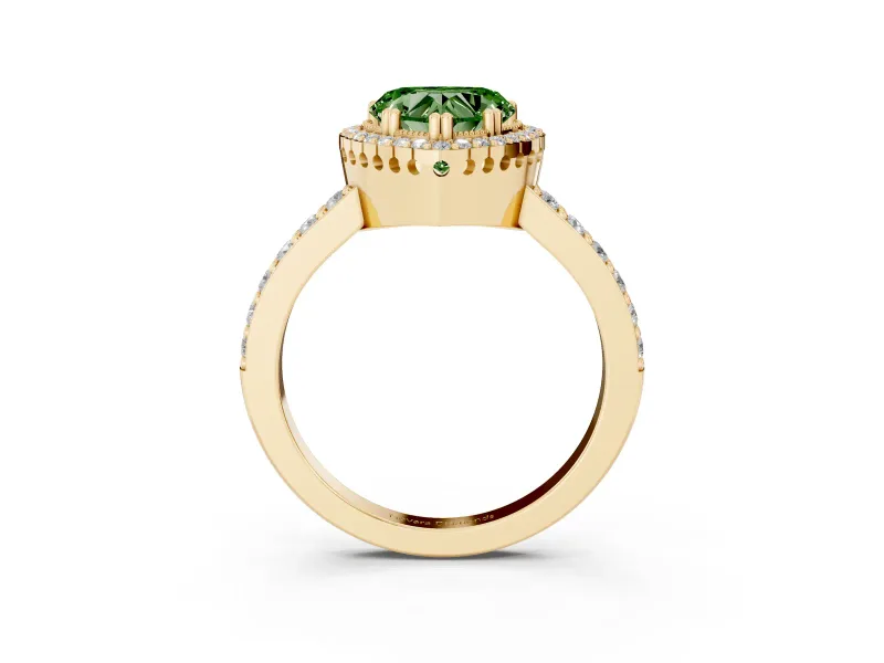 Fancy Green Heart Cut Diamond Halo Engagement Ring Set in Yellow gold with Milgrain Detail and Pavé Band