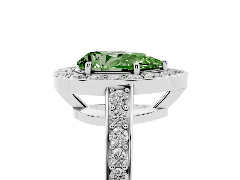 Fancy Green Pear Cut Diamond Halo Pavé Engagement Ring Set in White gold with Bezel Setting