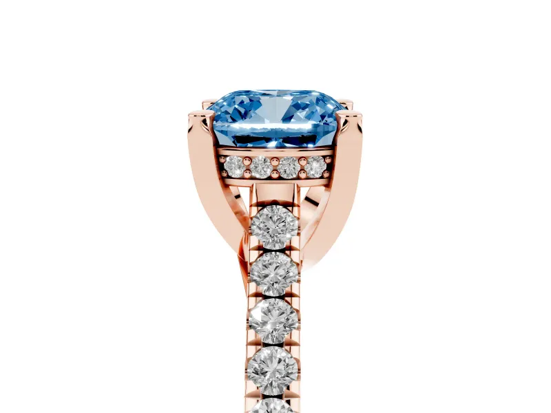 Cushion Cut Hidden Halo Pave Engagement Ring Setting for a Fancy Blue Lab-Grown Diamond | Claw Prongs | Rose Gold