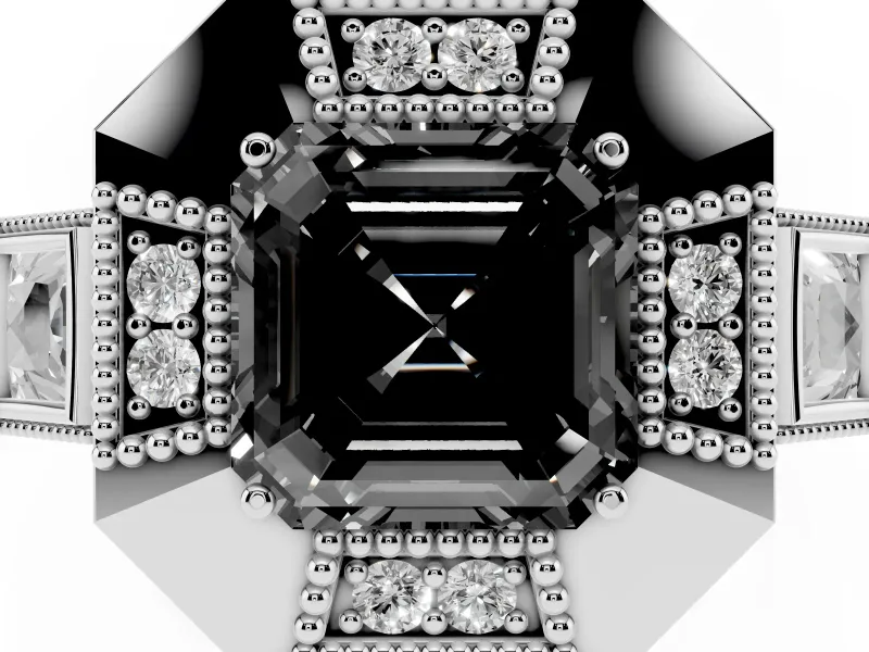 Fancy Black Asscher Cut Diamond Milgrain Halo Ring Set in Silver with Split Shank