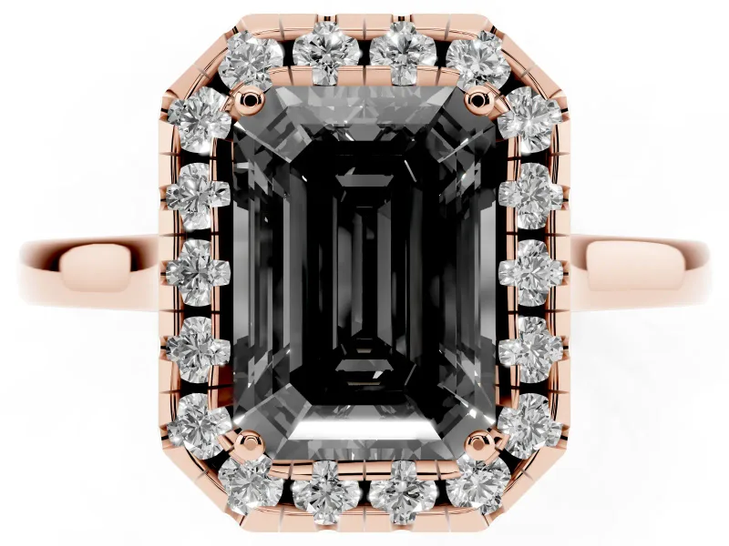 Emerald Cut Halo Engagement Ring Setting for a Black Center | Flat Tapered Band | Rose Gold