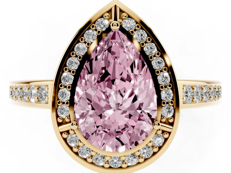 Fancy Pink Pear Cut Diamond Halo Pavé Split Shank Ring Set in Yellow gold with Prong Setting