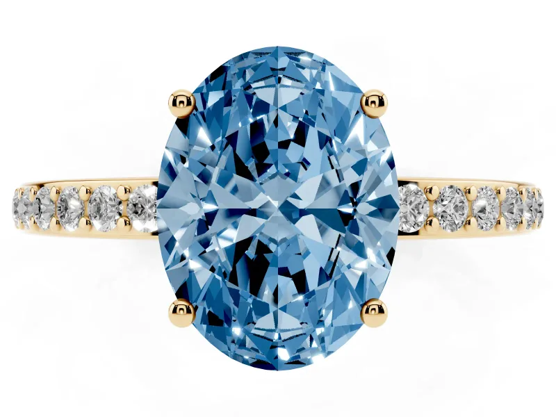 Fancy Blue Oval Cut Diamond Pavé Band Ring Set in Yellow gold with Prong-Set Center Stone