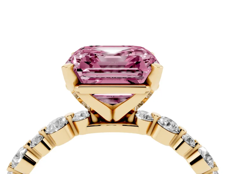 Fancy Pink Asscher Cut Diamond Prong Set Engagement Ring Set in Yellow gold with Round Accent Pavé Band