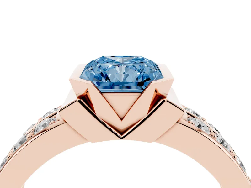 Radiant Cut Half Bezel Engagement Ring Setting for a Fancy Blue Lab-Grown Diamond | Double Row Channel Band | Rose Gold