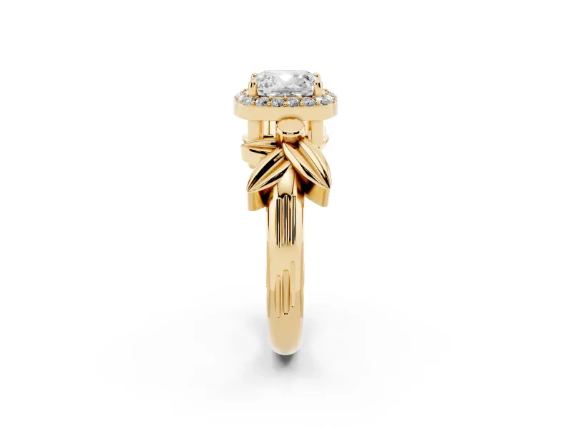 Cushion Cut Floral Halo Engagement Ring Setting | Leaf Shoulders | Yellow Gold