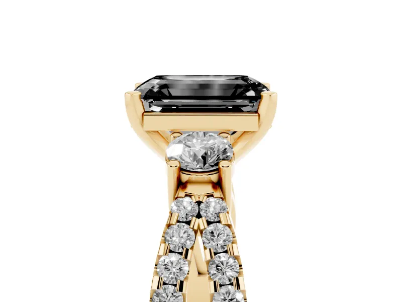 Fancy Black Emerald Cut Diamond Three-Stone Ring Set in Yellow gold with Pavé Split Shank and Prong Setting