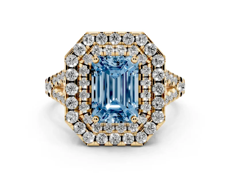 Fancy Blue Emerald Cut Diamond Double Halo Ring Set in Yellow gold with Pavé Split Shank and Prong Setting