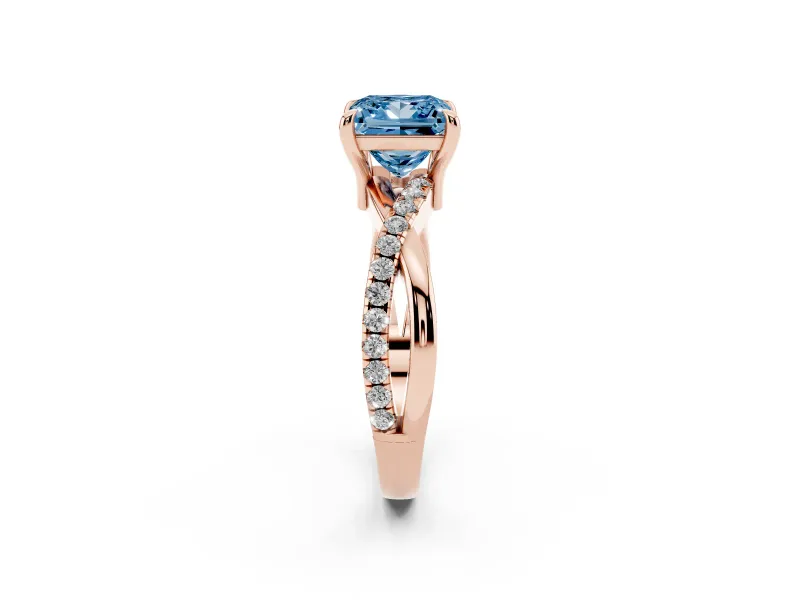 Fancy Blue Princess Cut Diamond Twist Band Solitaire Set in Rose gold with Pavé Accents and Prong Setting