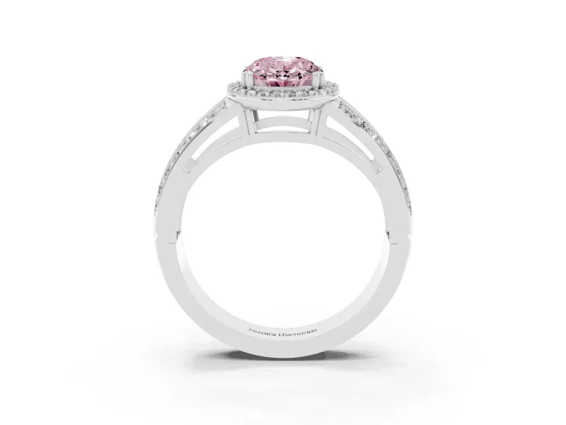 Fancy Pink Oval Cut Diamond Halo Ring Set in Silver with Double Pavé Split Shank