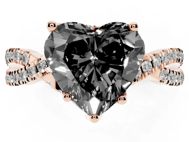 Heart-Shaped Twisted Pavé Engagement Ring Setting for a Black Center | Split Shank | Rose Gold