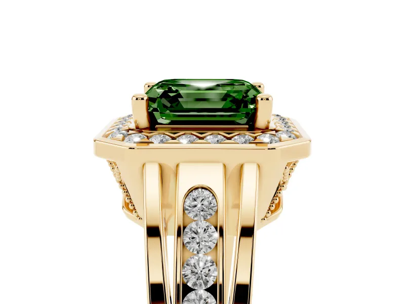 Asscher Cut Halo Engagement Ring Setting for a Fancy Green Lab-Grown Diamond | Channel-Set Split Shank | Yellow Gold