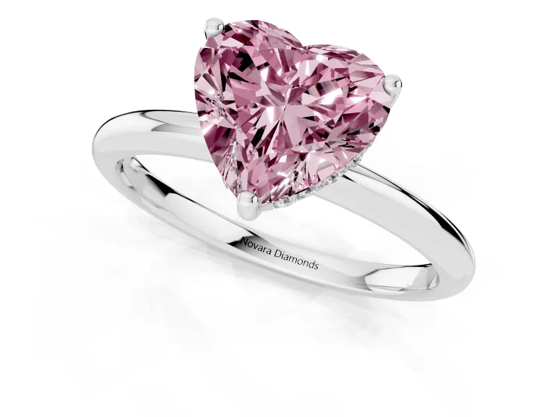 Fancy Pink Heart Cut Diamond Solitaire Engagement Ring Set in Silver with Prong Setting and Polished Band