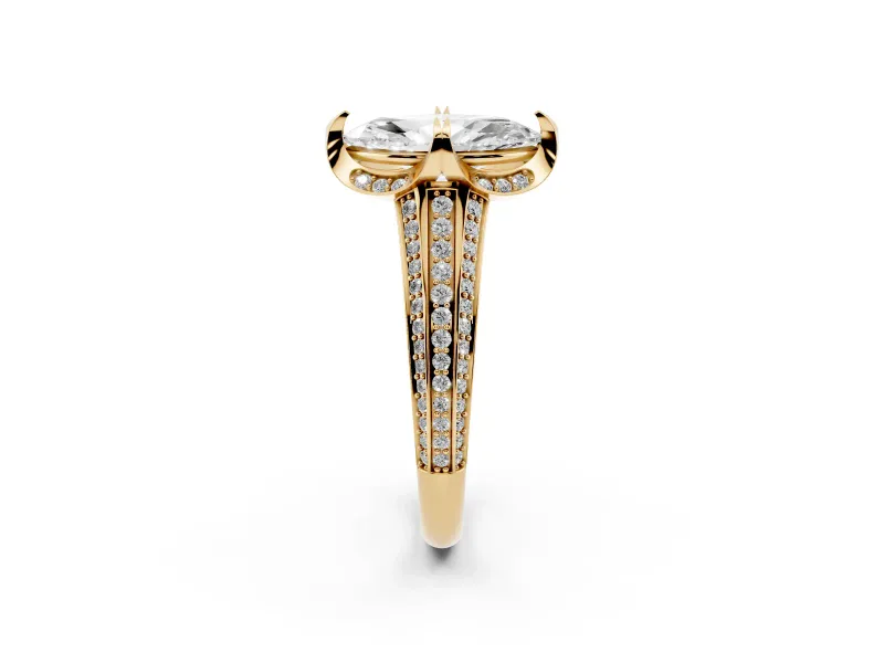 Marquise Hidden Halo Engagement Ring Setting | Triple Row Pavé Band | Yellow Gold