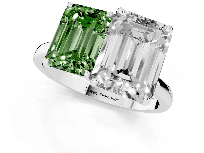 Fancy Green Emerald Cut and Emerald Cut Toi Moi Ring Set in Silver with Prong Setting
