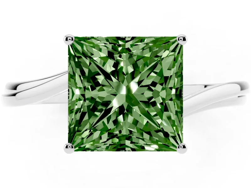 Fancy Green Princess Cut Diamond Solitaire Twist Band Ring Set in Silver with Prong Setting