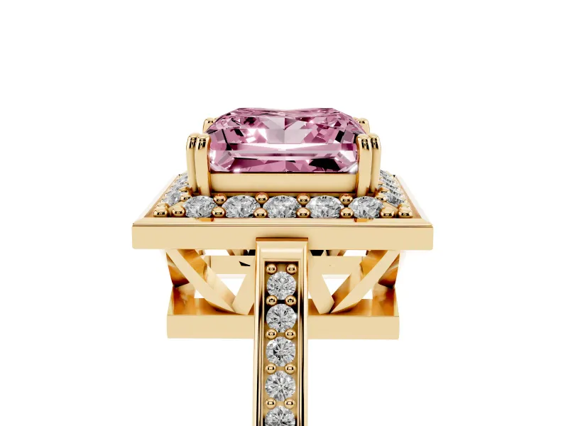 Princess Cut Halo Engagement Ring Setting for a Fancy Pink Lab-Grown Diamond | Polished Halo Rim | Yellow Gold