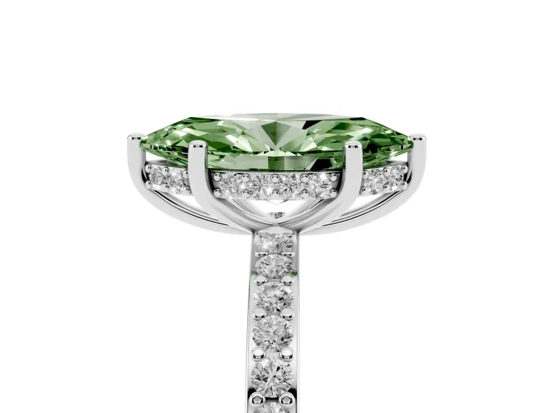 Fancy Green Marquise Cut Diamond Pavé Band Ring Set in White gold with Prong-Set Center Stone