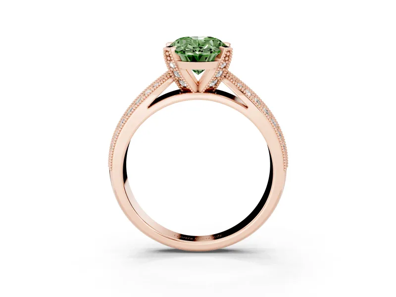 Fancy Green Oval Cut Diamond Solitaire Ring Set in Rose gold with Milgrain Double Row Round Pavé Band