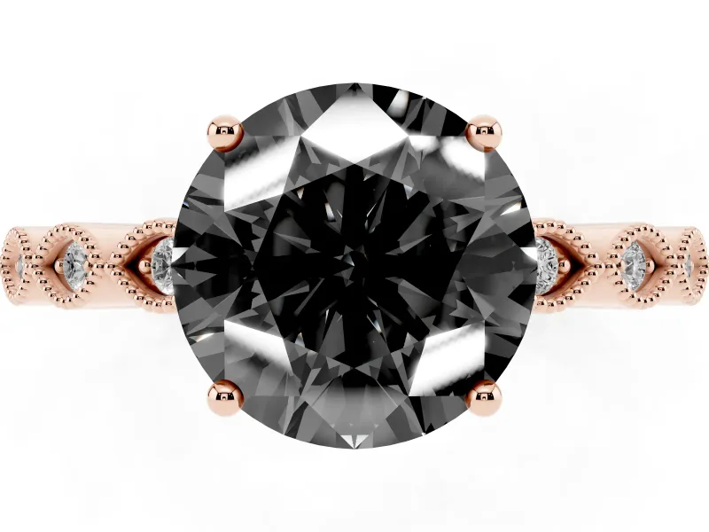 Fancy Black Round Cut Diamond Solitaire Ring Set in Rose gold with Infinity Twist Pavé Band