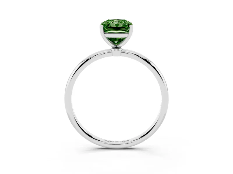 Fancy Green Radiant Cut Diamond Solitaire Engagement Ring Set in Platinum with Thin Band and Prong Setting