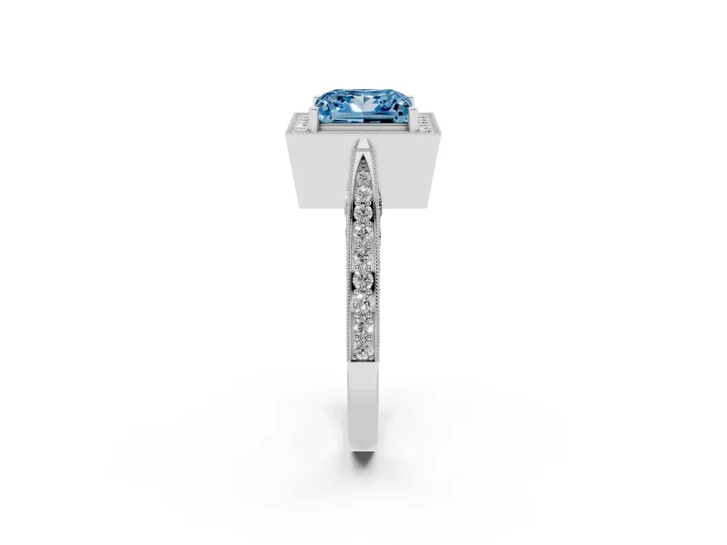 Princess Cut Milgrain Halo Engagement Ring Setting for a Fancy Blue Lab-Grown Diamond | Side Stones | Platinum