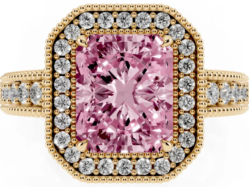 Radiant Cut Milgrain Halo Engagement Ring Setting for a Fancy Pink Lab-Grown Diamond | Carved Leaf Detail | Yellow Gold
