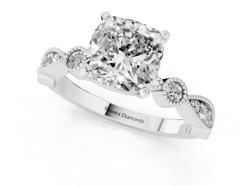 Cushion Cut Diamond Solitaire Engagement Ring Set in Silver with Milgrain Bezel Accent Band