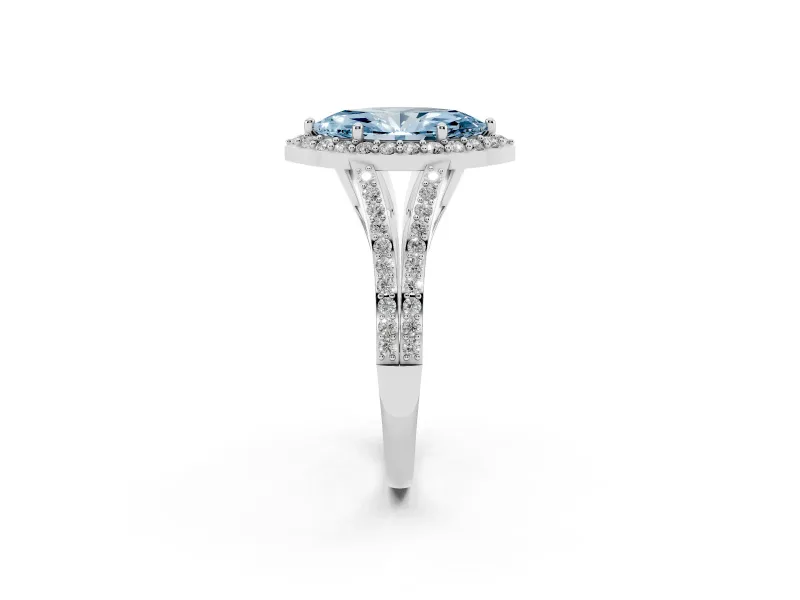 Fancy Blue Marquise Cut Diamond Halo Split Shank Pavé Ring Set in Silver with Prong Setting