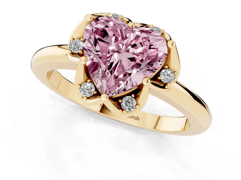 Fancy Pink Heart Cut Diamond Round Cluster Halo Ring Set in Yellow gold with Solitaire Band and Prong Setting