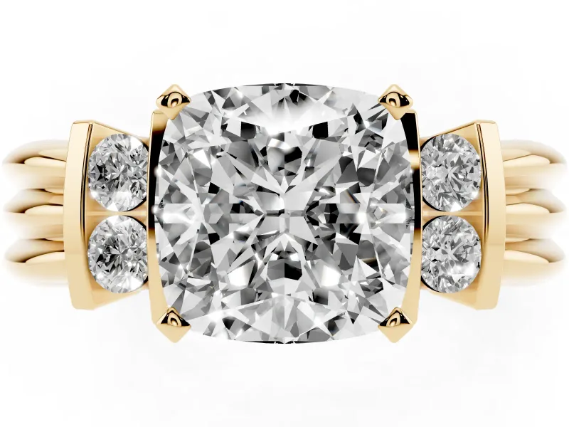 Three-Stone Cushion Cut Diamond Channel Set Ring Set in Yellow gold with Bar Prongs