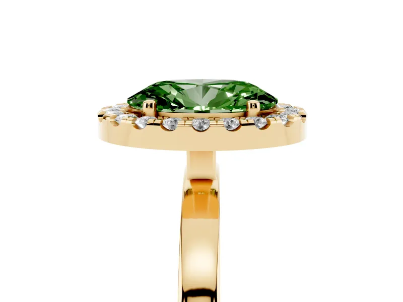 Fancy Green Oval Cut Diamond Halo Solitaire Ring Set in Yellow gold with Pavé Band and Prong Setting