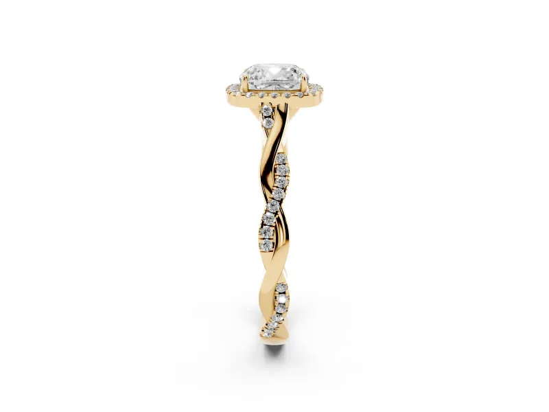 Cushion Cut Halo Engagement Ring Setting | Pavé Twist Band | Yellow Gold