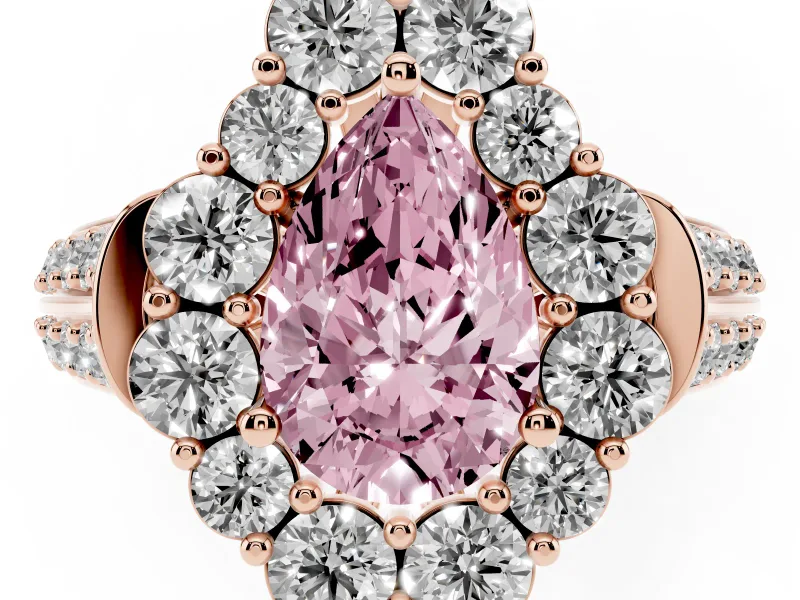 Fancy Pink Pear Cut Diamond Halo Engagement Ring Set in Rose gold with Split Shank and Prong Setting