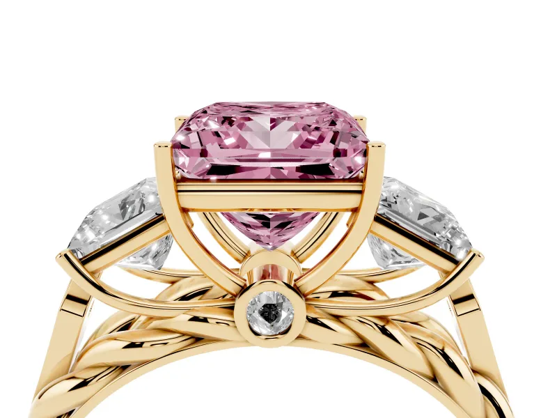Princess Cut Three Stone Engagement Ring Setting for a Fancy Pink Lab-Grown Diamond | Braided Band | Yellow Gold