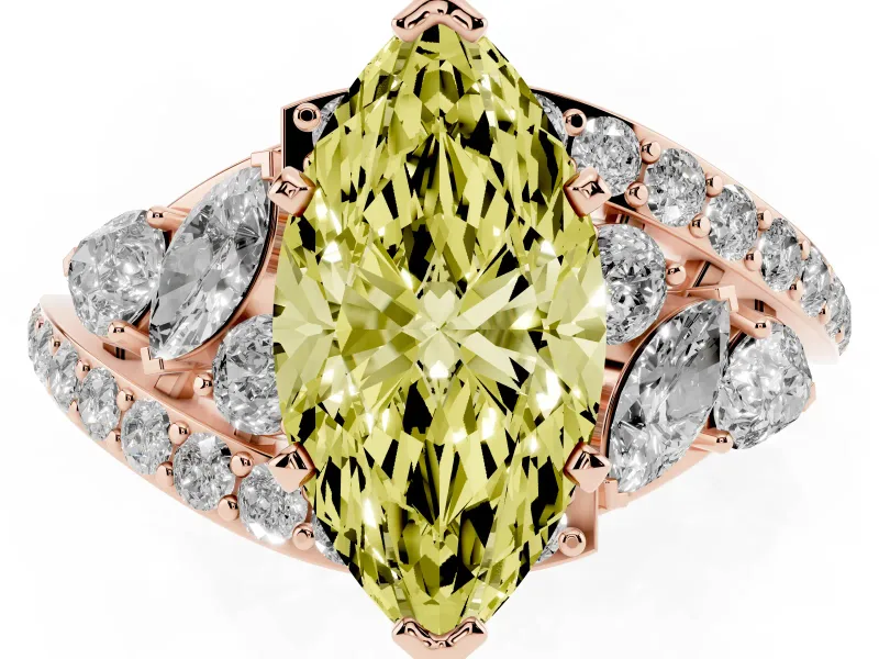 Fancy Yellow Marquise Cut Diamond Halo Ring Set in Rose gold with Marquise and Pavé Band in Prong Setting