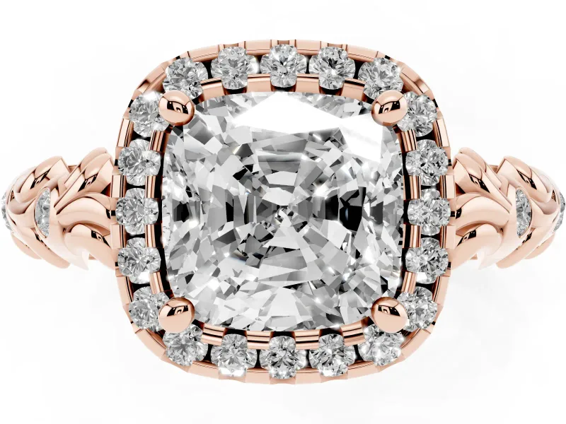 Cushion Cut Filigree Leaf Halo Engagement Ring Setting | Bezel Leaf Accents | Rose Gold
