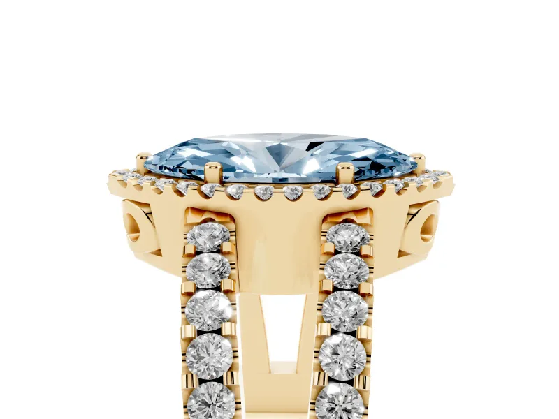 Fancy Blue Marquise Cut Diamond Halo Ring Set in Yellow gold with Pavé Split Shank and Prong Setting