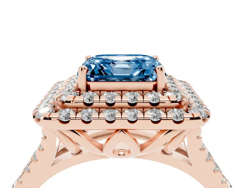 Asscher Cut Halo Split Shank Engagement Ring Setting for a Fancy Blue Lab-Grown Diamond | Pavé Strands | Rose Gold