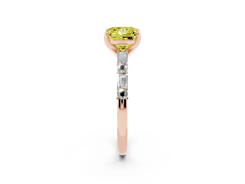 Fancy Yellow Princess Cut Diamond Solitaire Set in Rose gold with Side Baguettes and Channel Set Band