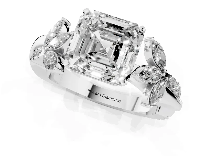 Asscher Cut Diamond Floral Vine Solitaire Engagement Ring Set in Platinum with Marquise Leaves