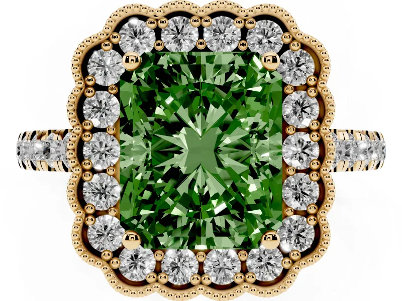 Fancy Green Radiant Cut Diamond Milgrain Floral Halo Engagement Ring Set in Yellow gold with Pavé Band